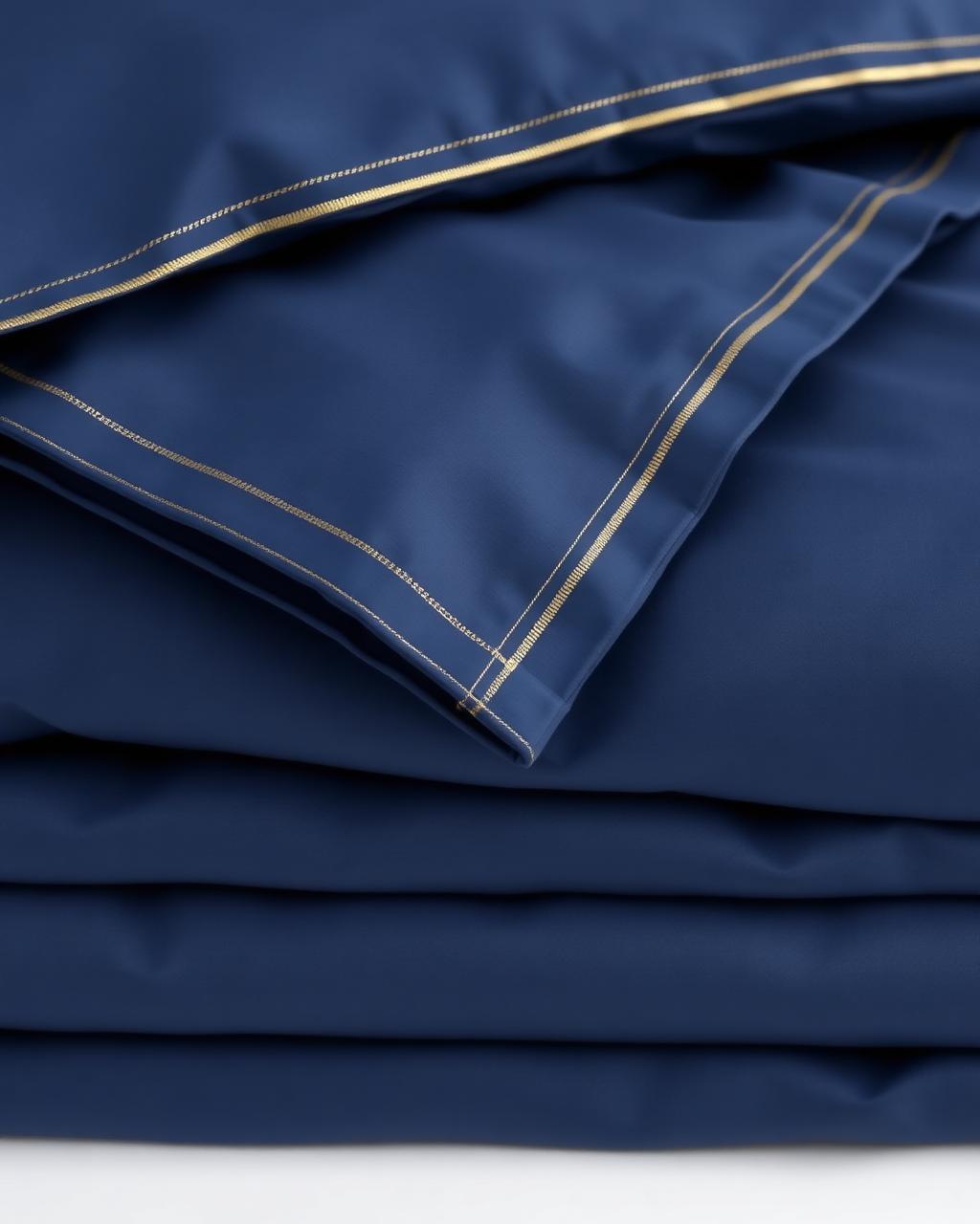 Cama vestida com lençóis premium azul-marinho e dourado